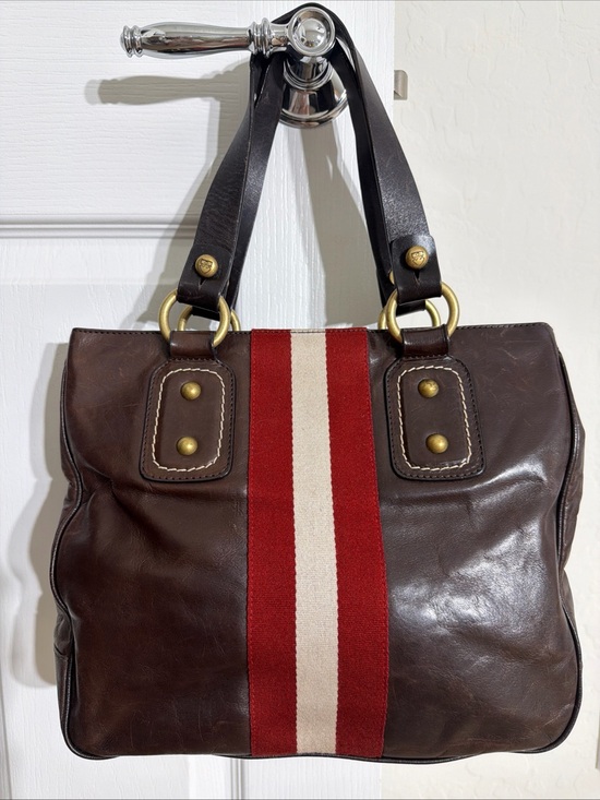 Bally Handbags - Vintage BALLY Trainspotting Tote Handbag Brown Calfskin Leather Red White stripe